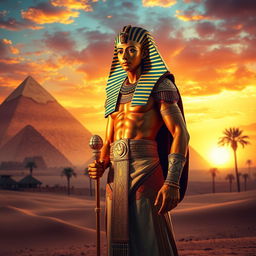 A majestic and powerful Pharaoh standing confidently against the backdrop of an ancient Egyptian landscape