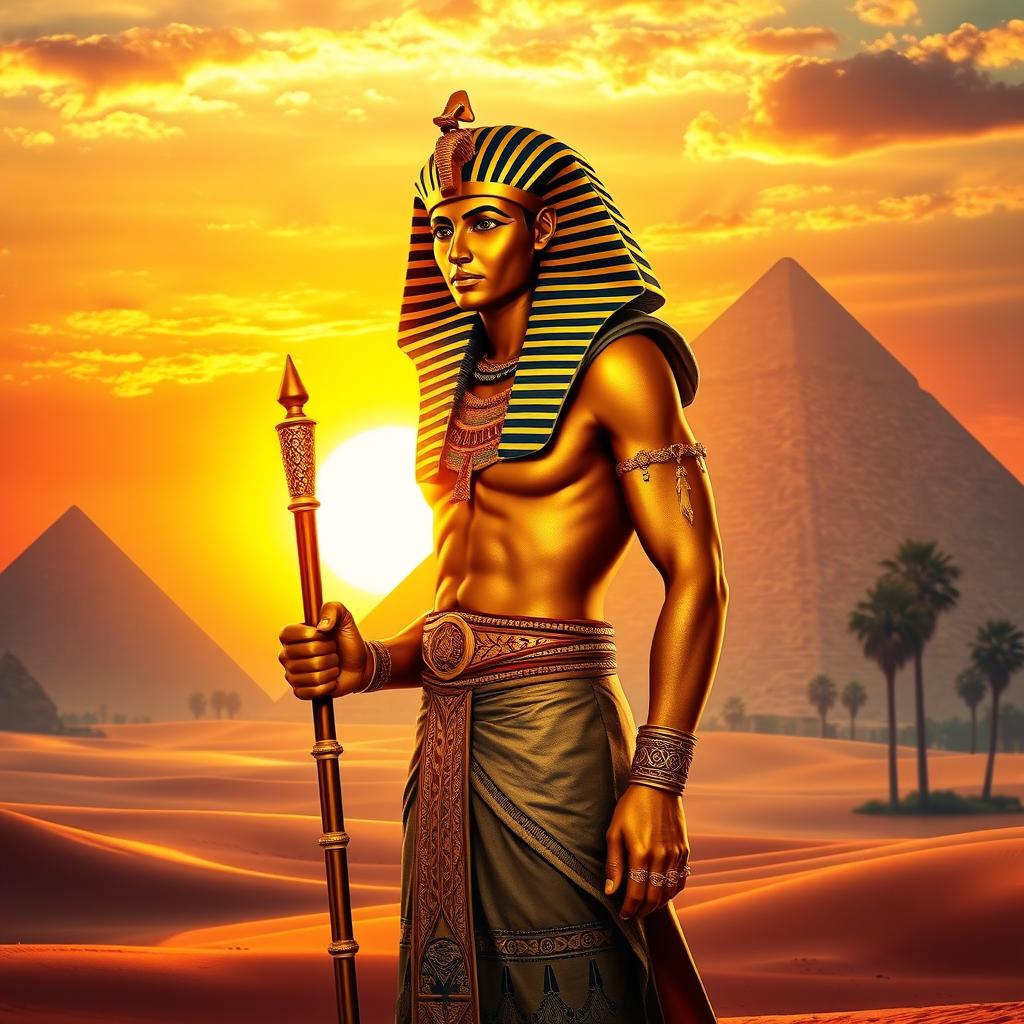 A majestic and powerful Pharaoh standing confidently against the backdrop of an ancient Egyptian landscape