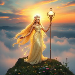 An ethereal goddess standing atop a mountain surrounded by mist, her long flowing hair shining like gold under the sun, adorned with a radiant crown of flowers and intricate jewelry