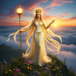 An ethereal goddess standing atop a mountain surrounded by mist, her long flowing hair shining like gold under the sun, adorned with a radiant crown of flowers and intricate jewelry