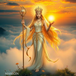 An ethereal goddess standing atop a mountain surrounded by mist, her long flowing hair shining like gold under the sun, adorned with a radiant crown of flowers and intricate jewelry