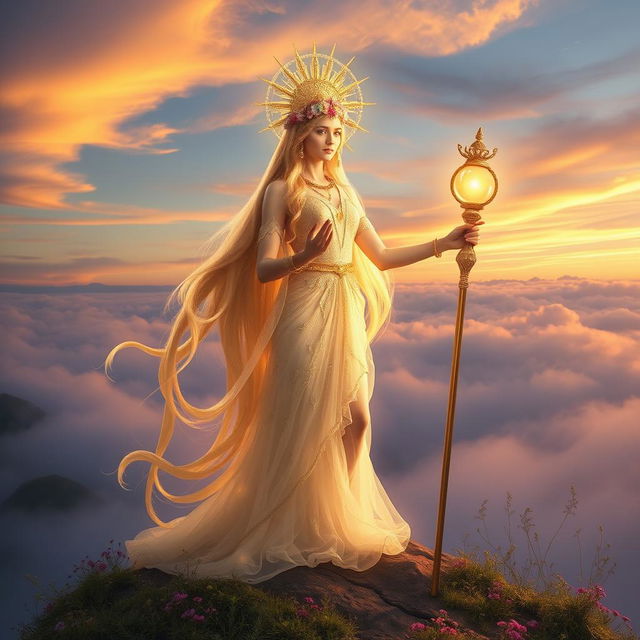 An ethereal goddess standing atop a mountain surrounded by mist, her long flowing hair shining like gold under the sun, adorned with a radiant crown of flowers and intricate jewelry