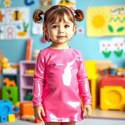 A preschool girl with pigtails and short hair, wearing a cute pink latex mini dress paired with a long-sleeved latex top