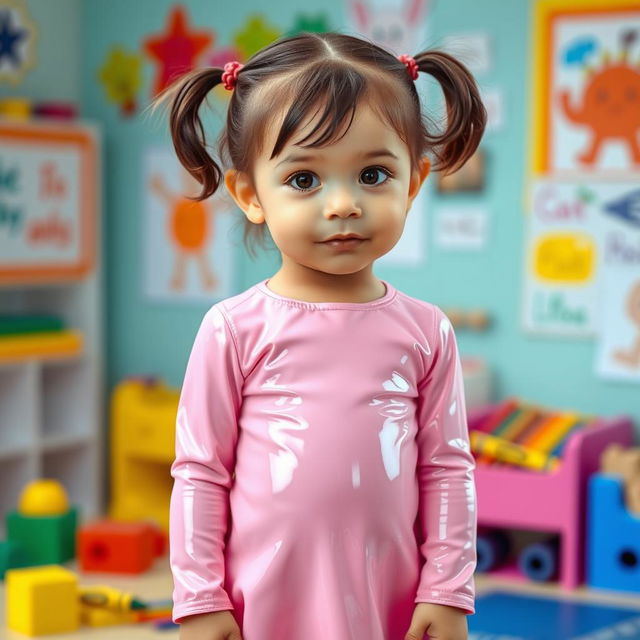 A preschool girl with pigtails and short hair, wearing a cute pink latex mini dress paired with a long-sleeved latex top