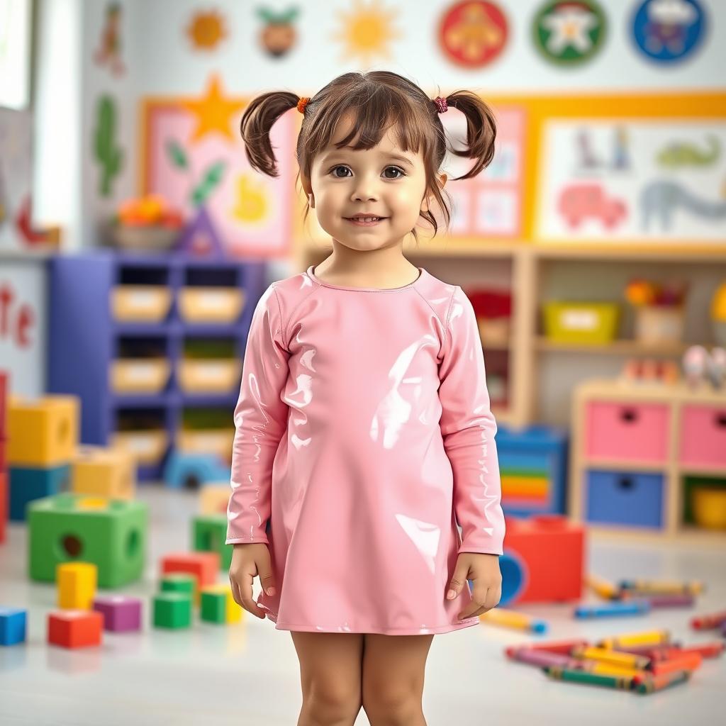 A preschool girl with pigtails and short hair, wearing a cute pink latex mini dress paired with a long-sleeved latex top