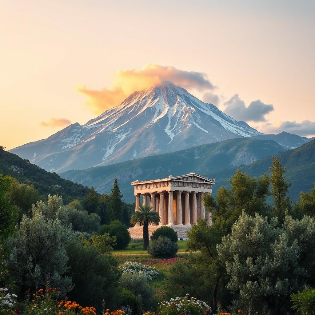 A majestic view of Mount Olympus, the home of the ancient Greek gods, towering above a lush green landscape