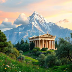 A majestic view of Mount Olympus, the home of the ancient Greek gods, towering above a lush green landscape