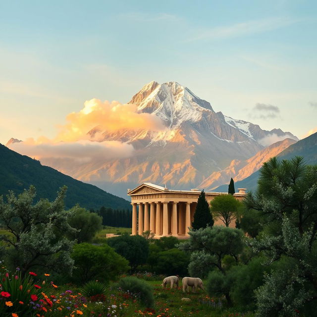 A majestic view of Mount Olympus, the home of the ancient Greek gods, towering above a lush green landscape