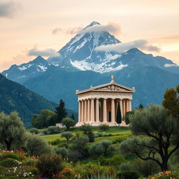 A majestic view of Mount Olympus, the home of the ancient Greek gods, towering above a lush green landscape