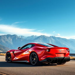 A sleek and powerful sports car inspired by the aesthetic of a Ferrari, featuring a vibrant red exterior with aerodynamic curves, bold lines, and a luxurious interior