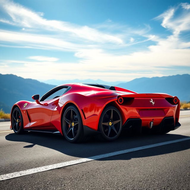 A sleek and powerful sports car inspired by the aesthetic of a Ferrari, featuring a vibrant red exterior with aerodynamic curves, bold lines, and a luxurious interior