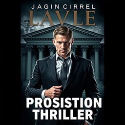 A gripping book cover for a legal thriller featuring a prominent male prosecutor in a stylish suit, exuding determination and resolve