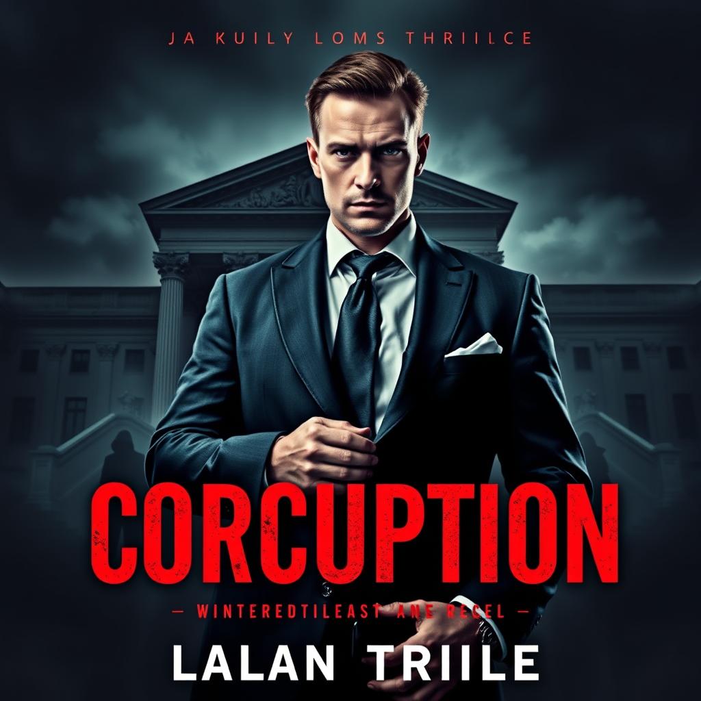 A gripping book cover for a legal thriller featuring a prominent male prosecutor in a stylish suit, exuding determination and resolve