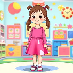 A cute illustration of a five-year-old preschool girl wearing a vibrant pink latex mini dress paired with a long-sleeved latex top