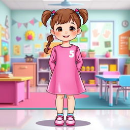A cute illustration of a five-year-old preschool girl wearing a vibrant pink latex mini dress paired with a long-sleeved latex top