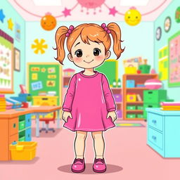 A cute illustration of a five-year-old preschool girl wearing a vibrant pink latex mini dress paired with a long-sleeved latex top