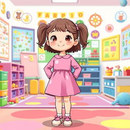 A whimsical illustration of a five-year-old preschool girl dressed in a playful pink latex mini dress and a matching long-sleeved latex top