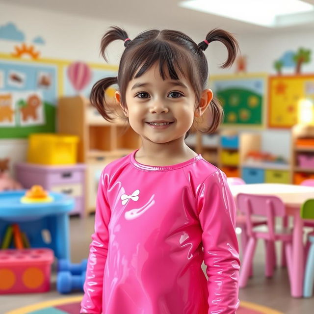 A five-year-old preschool girl with pigtails and short hair, wearing a vibrant pink latex mini dress paired with a long-sleeved latex top