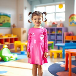 A five-year-old preschool girl with pigtails and short hair, wearing a vibrant pink latex mini dress paired with a long-sleeved latex top