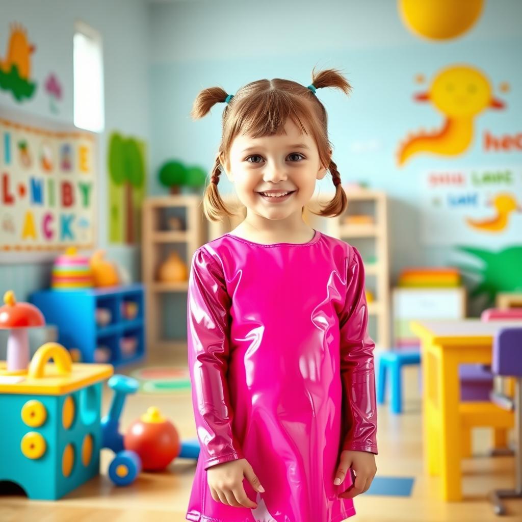 A five-year-old preschool girl with pigtails and short hair, wearing a vibrant pink latex mini dress paired with a long-sleeved latex top