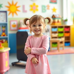 A five-year-old preschool girl with pigtails and short hair, wearing a playful pink latex mini dress and a long-sleeved latex top