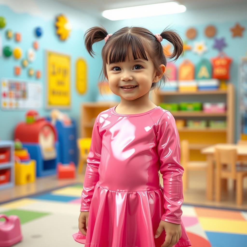 A five-year-old preschool girl with pigtails and short hair, wearing a playful pink latex mini dress and a long-sleeved latex top