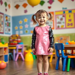 A five-year-old preschool girl with pigtails and short hair, wearing a playful pink latex mini dress and a long-sleeved latex top