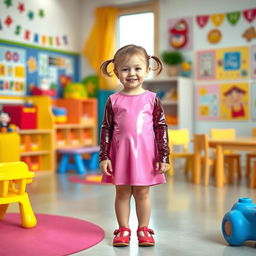 A five-year-old preschool girl with pigtails and short hair, wearing a playful pink latex mini dress and a long-sleeved latex top