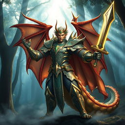 A heroic draconic paladin in full armor, displaying intricate dragon motifs and shimmering scales, standing confidently with a glowing sword raised high