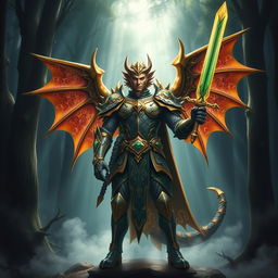 A heroic draconic paladin in full armor, displaying intricate dragon motifs and shimmering scales, standing confidently with a glowing sword raised high