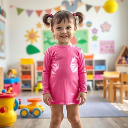 A five-year-old preschool girl with pigtails and short hair, dressed in a bright pink latex mini dress and a long-sleeved pink latex top