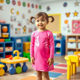 A five-year-old preschool girl with pigtails and short hair, dressed in a bright pink latex mini dress and a long-sleeved pink latex top