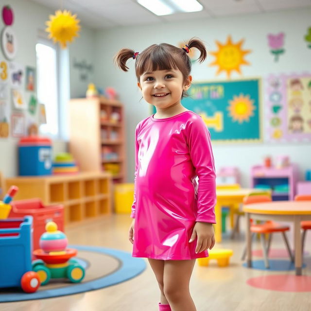 A five-year-old preschool girl with pigtails and short hair, dressed in a bright pink latex mini dress and a long-sleeved pink latex top