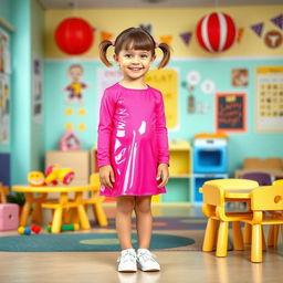 A five-year-old preschool girl with pigtails and short hair, dressed in a bright pink latex mini dress and a long-sleeved pink latex top