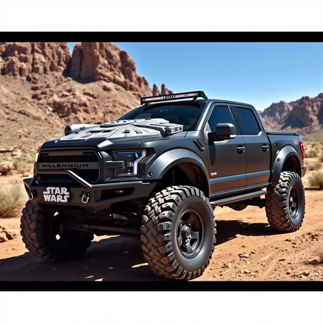 A rugged and adventurous off-road pickup truck designed for tough terrains, prominently featuring the iconic Millennium Falcon logo on its hood