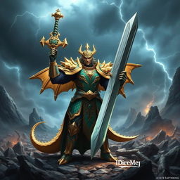 A powerful Draconido paladin standing bravely on a rocky battlefield, adorned in intricately designed armor that reflects a combination of dragon and knight aesthetics