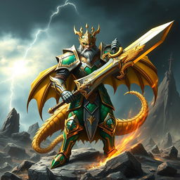 A powerful Draconido paladin standing bravely on a rocky battlefield, adorned in intricately designed armor that reflects a combination of dragon and knight aesthetics