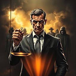 A striking book cover depicting a determined prosecutor in the foreground, wearing a stylish suit, with a resolute expression and firmness in his gaze