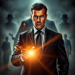A striking book cover depicting a determined prosecutor in the foreground, wearing a stylish suit, with a resolute expression and firmness in his gaze