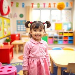 A five-year-old preschool girl with pigtails and short hair, wearing a cute pink school uniform that includes a playful mini dress and a long-sleeved top