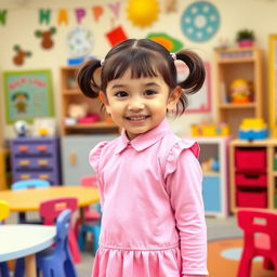 A five-year-old preschool girl with pigtails and short hair, wearing a cute pink school uniform that includes a playful mini dress and a long-sleeved top