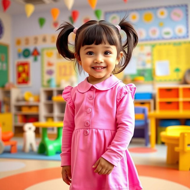 A five-year-old preschool girl with pigtails and short hair, wearing a cute pink school uniform that includes a playful mini dress and a long-sleeved top