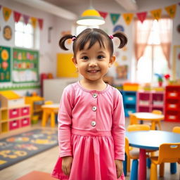 A five-year-old preschool girl with pigtails and short hair, wearing a cute pink school uniform that includes a playful mini dress and a long-sleeved top