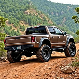 A robust and powerful off-road pickup truck designed for rugged terrains, featuring a strong and muscular body with oversized all-terrain tires and a high ground clearance