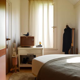 A neutrally toned single room arrangement with a comfortable mattress, wooden shoe rack, sleek television stand, a vintage clothing box, an old-fashioned sewing machine, a mini drawer full of odds and ends, and a window allowing soft light to enter, situated right next to the door.