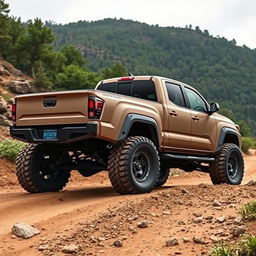 A robust and powerful off-road pickup truck designed for rugged terrains, featuring a strong and muscular body with oversized all-terrain tires and a high ground clearance