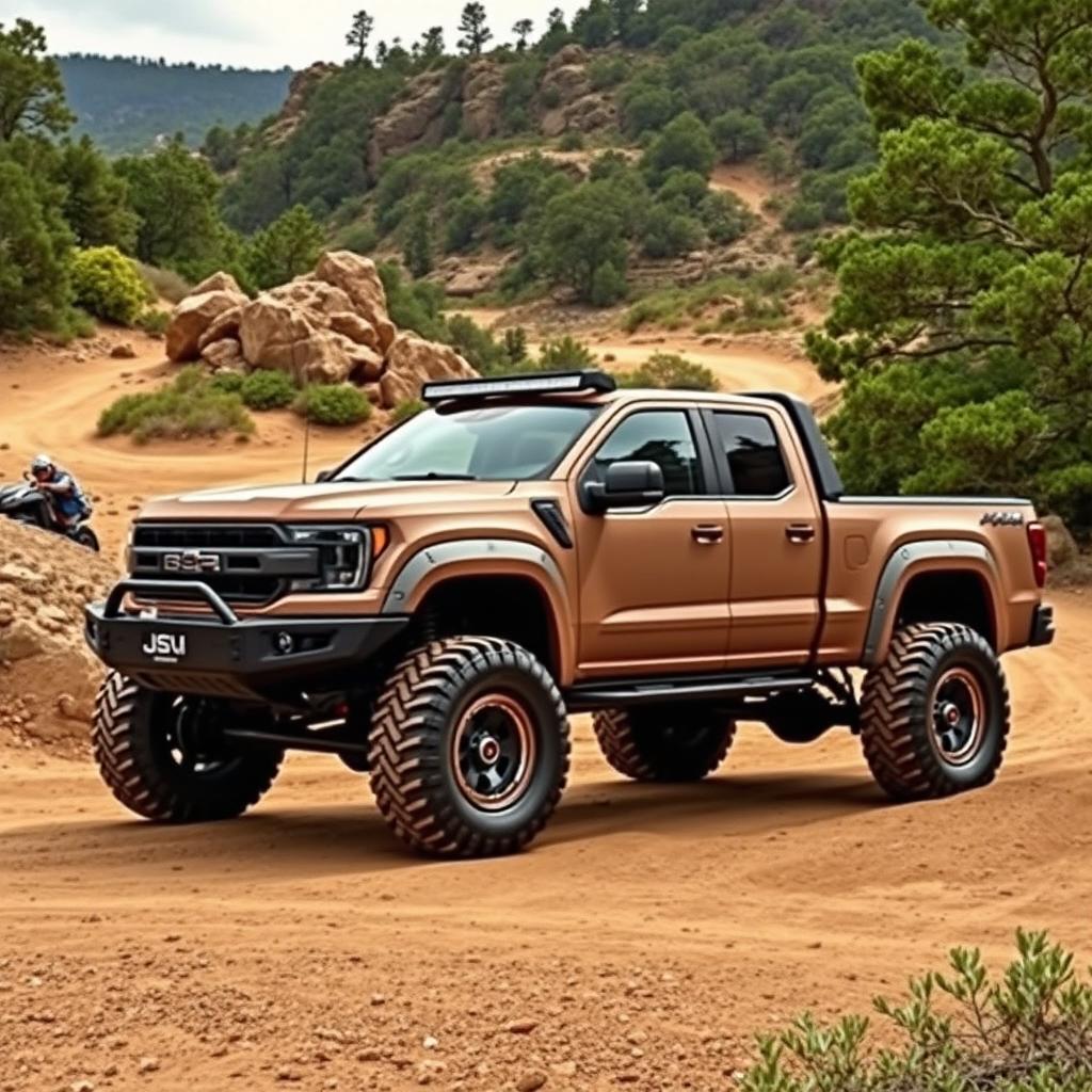 A robust and powerful off-road pickup truck designed for rugged terrains, featuring a strong and muscular body with oversized all-terrain tires and a high ground clearance