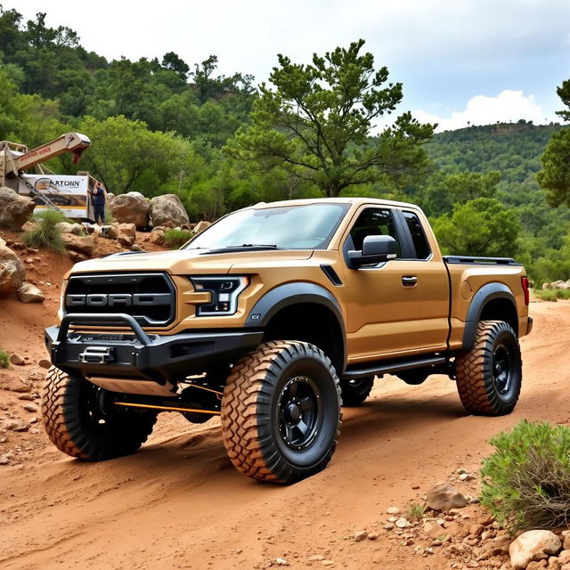 A robust and powerful off-road pickup truck designed for rugged terrains, featuring a strong and muscular body with oversized all-terrain tires and a high ground clearance