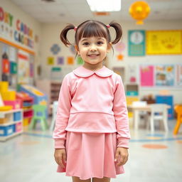 A five-year-old preschool girl with pigtails and short hair, dressed in a cute latex pink school uniform consisting of a mini dress and a long-sleeved top