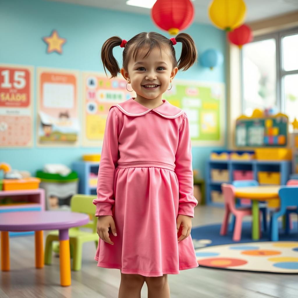 A five-year-old preschool girl with pigtails and short hair, dressed in a cute latex pink school uniform consisting of a mini dress and a long-sleeved top